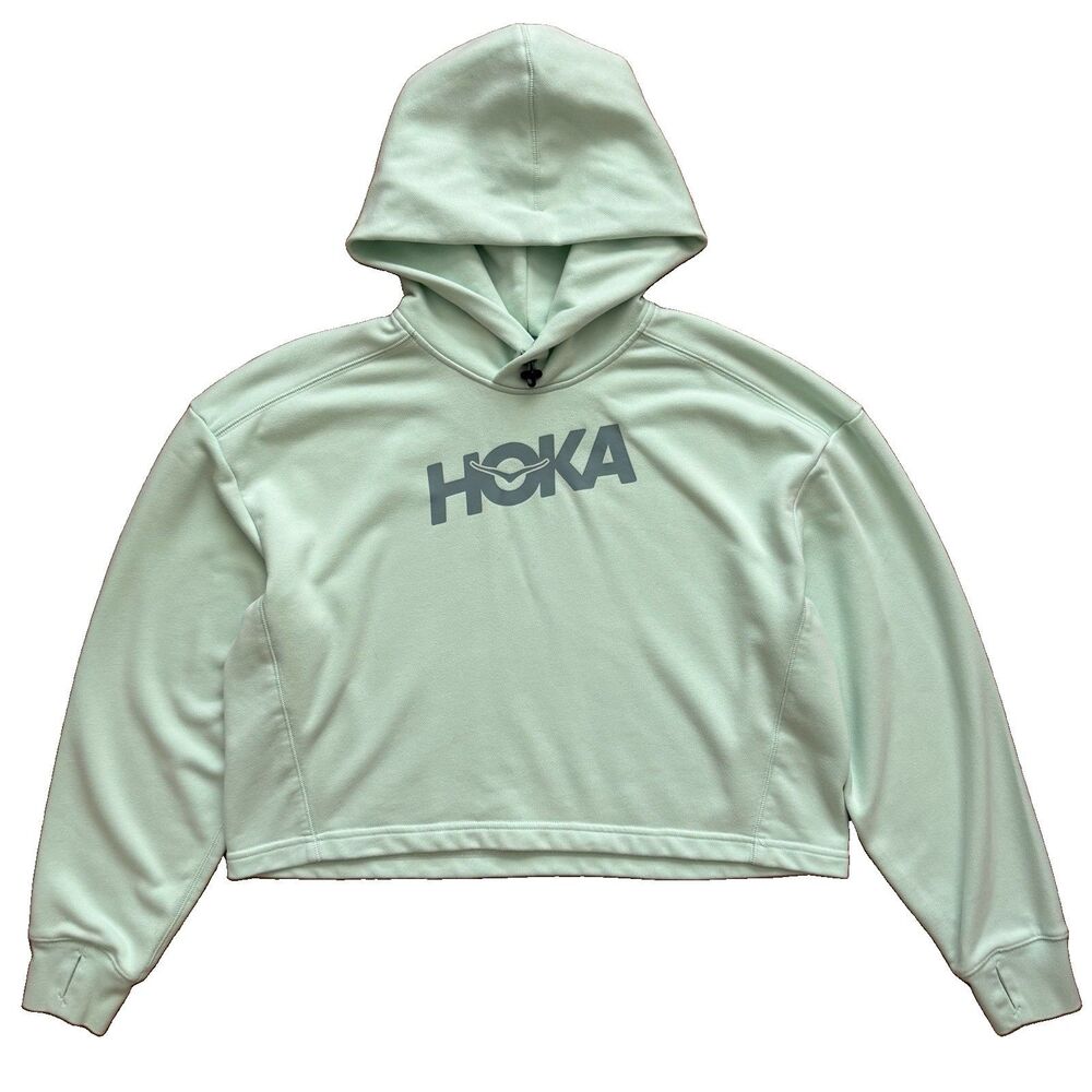 HOKA One One Womens L Cropped Hoodie Mint Green Pullover Athletic Sweatshirt